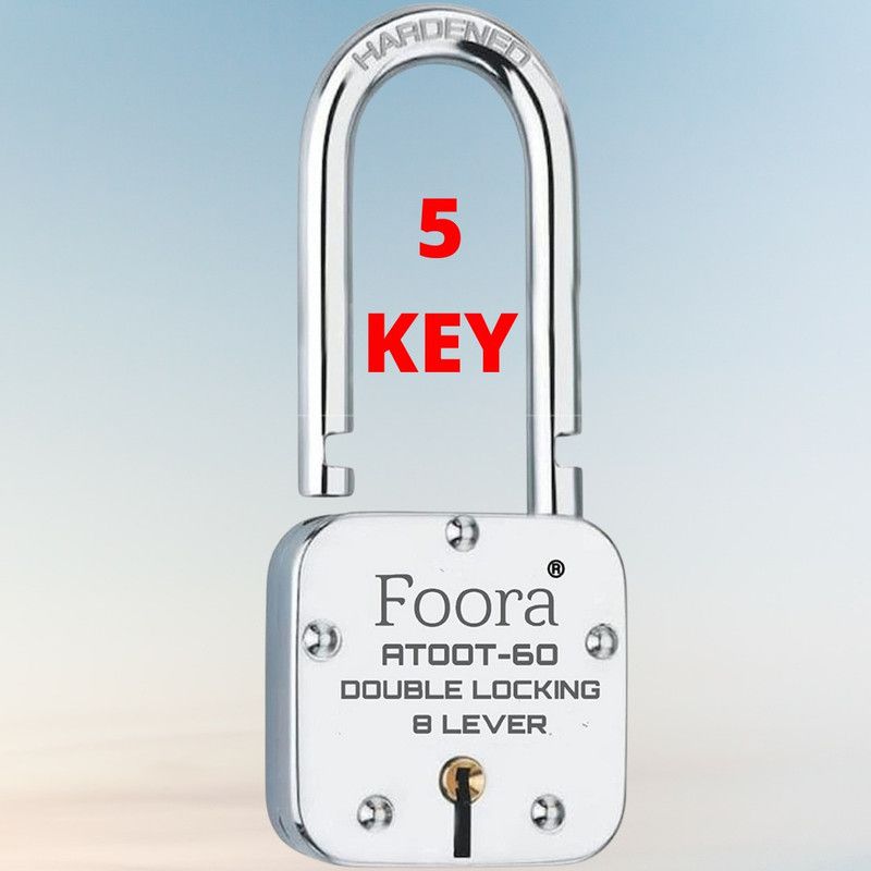 Foora 5 Keys Lock ATOOT 60mm, Long Hardened Shackle, Double Locking,8 Lever Padlock  (Silver)