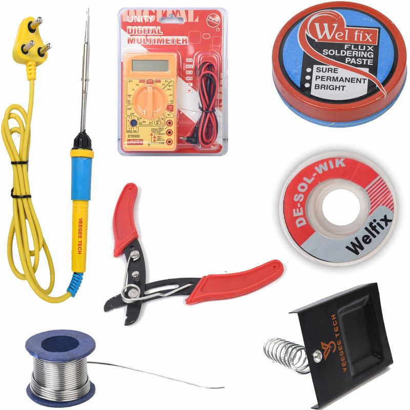 VEEGEE TECH 7 in 1kit | Soldering Iron Kit | 1 Pc Digital Multimeter | 1Pc Wire Cutter | Solder wire | Stand | 1 Pc Soldering Paste Flux | 1 Pc Desoldering Wik | 1 Pc Blue Soldering Iron 25 W Simple  (Flat Tip)