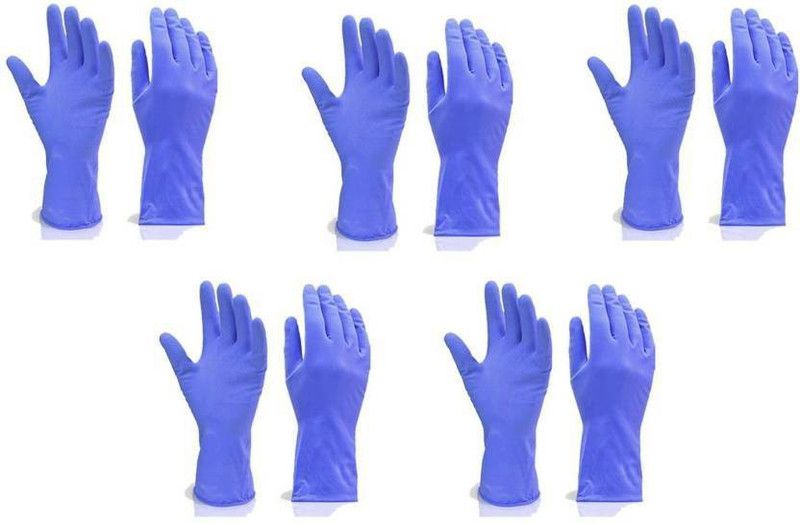 royal trust Rubber Hand Gloves Reusable Blue color (5 Pairs) Wet and Dry Glove Set Gardening Shoulder Glove