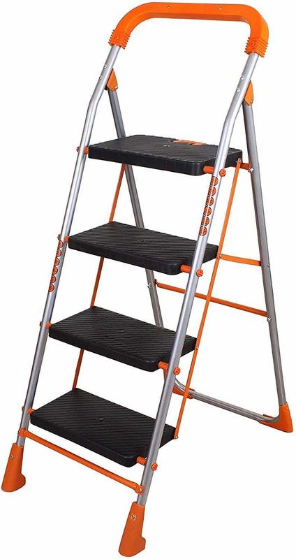 Sawaria Homecares 4 Step Ladder with Sure-Hinge Technology Made by Powder Coated Heavy Duty Mild Steel in Orange Color Steel Ladder  (With Platform, Hand Rail)