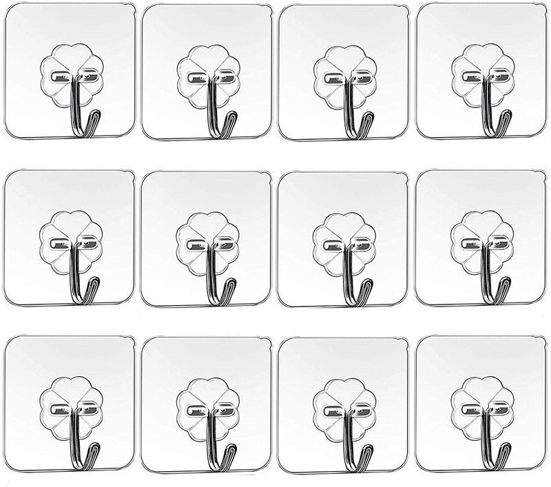 kaushal enterprise Self Adhesive Heavy Duty Waterproof Transparent Sticky Wall Hooks (12-PCS) Door Hanger