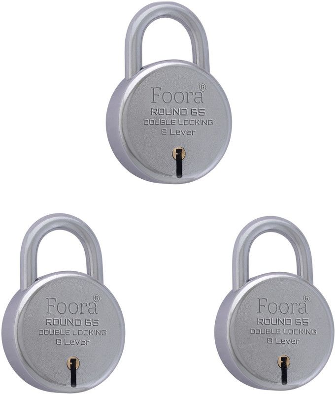 Foora Lock with 5 Keys, Separate Round 65mm Padlock Silver Finish (Pack of 3 Padlock  (Silver)