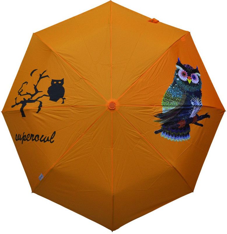 Murano 3 fold auto open Orange color owl print Umbrella  (Orange)