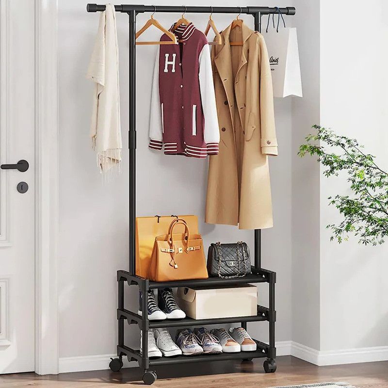 LEOPAX Steel Floor Cloth Dryer Stand on Wheels| High-Density Metal Cloth Rail| Heavy Duty 3 Tier (Black)  (3 Tier)