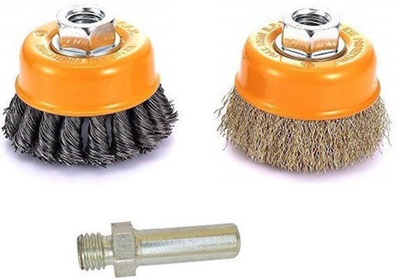 Qualigen 2PCs Combo Brass Wire & Twisted Wire M10 Thread Cup Brush Wheel Brush With M10 Drill Adapter Block Brush  (Pack of 3)