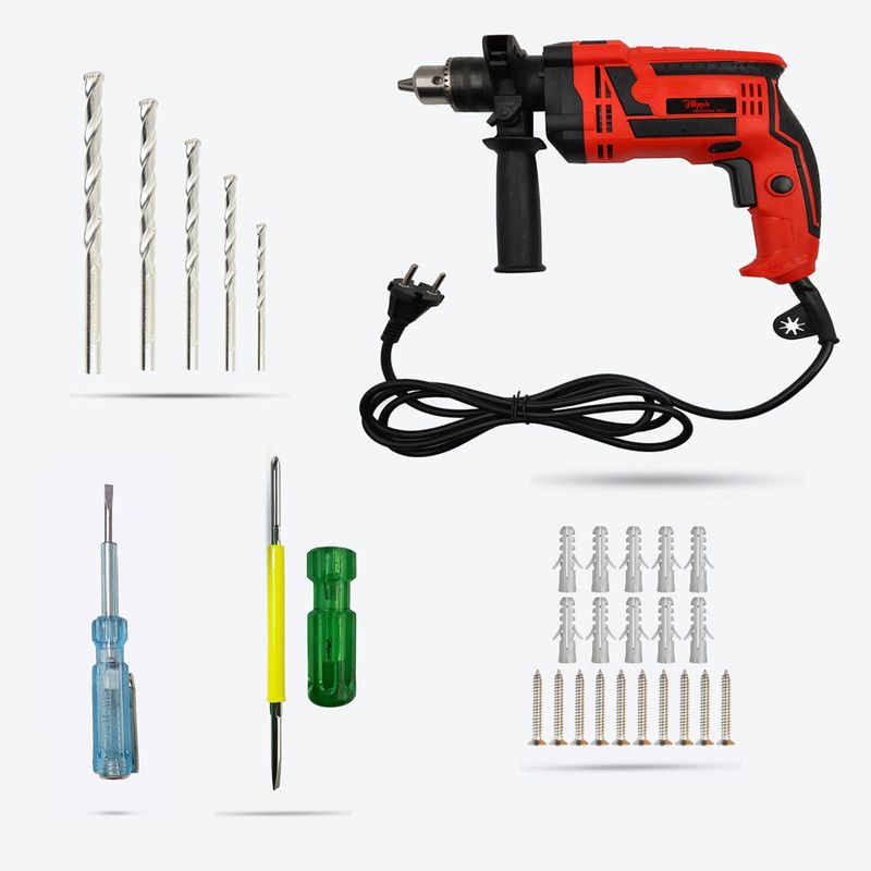 Hillgrove 1000W Drill Machine with, 10Pcs Screws, 10Pcs Plastic Gitti, 5Pcs Masonry Drill Bit Set for Making Holes in Metal/Wood/Concrete with Reverse Rotation HGCM475M1 Pistol Grip Drill  (13 mm Chuck Size)