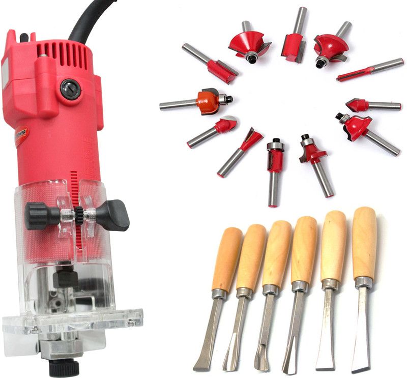 Digital Craft HEAVY DUTY POWERFUL 350W TRIMMER WITH 12 PCS MULTI SHAPES ROUTER WITH WOODEN BOX (6.35MM SHANK) WOOD CARVING SET COMBO OFFER Rotary Tool  (6.35 mm)