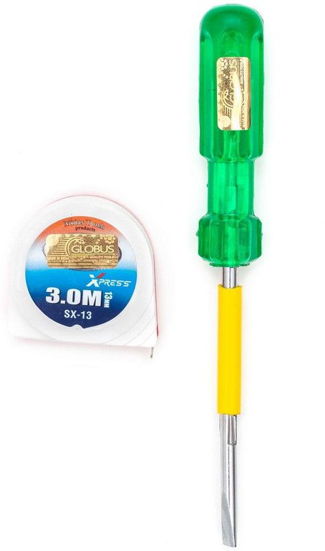 Globus 863...SCREWDRIVER DOUBLE SIDED 8" AND MEASURING TAPE 3 MTR/12 FEET/ 72 INCH. Hand Tool Kit  (2 Tools)