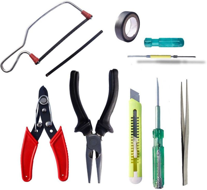 Jiya 0103HAND TOOL KIT - Tester I SAW I Nose PILER I Tweezer I 2 cutter l Tape I 2IN1 Standard Screwdriver Set  (Pack of 8)