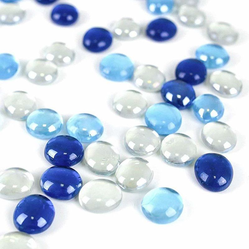 ERCOLE Decorative Super Shiny Glossy Glass Pebbles Stone For Vase Fillers Plant Pots Home Garden & Outdoor Decoration (Blue, Aqua Blue & Clear Transparent, 1 Kg) Carved, Polished, Regular Round Fire Glass Pebbles  (White, Blue 1 kg)