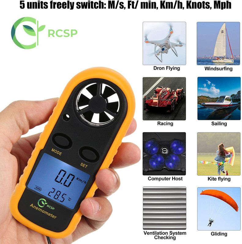 RCSP digital anemometer wind speed meter portable with Large LCD display Gauge meter with temperature measuring device Digital Anemometer