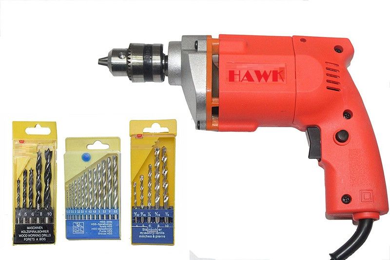 HAWK 10Mm Drill Machine +13Pcs Hss Drill Set For Wood,Metal,Plastic & 5Pcs Masonary Drill Set For Wall,Concretes Pistol Grip Drill  (10 mm Chuck Size)