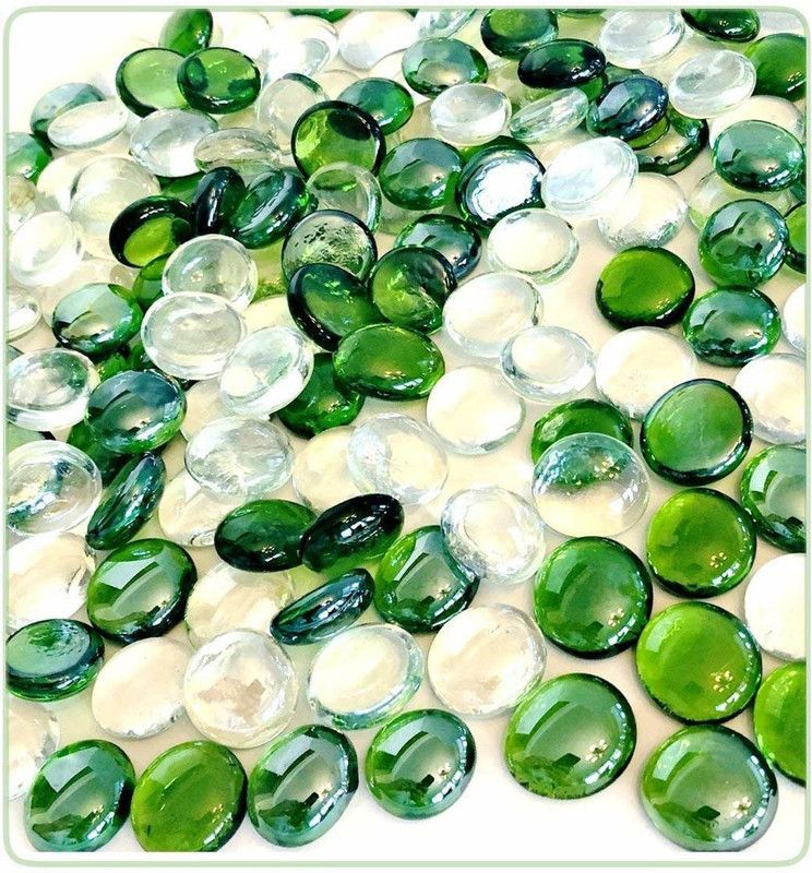 ERCOLE Decorative Super Shiny Glossy Glass Pebbles Stone For Vase Fillers Plant Pots Home Garden & Outdoor Decoration (Transparent White & Green, 4 Kg) Carved, Polished, Regular Round Fire Glass Pebbles  (White, Green 4 kg)