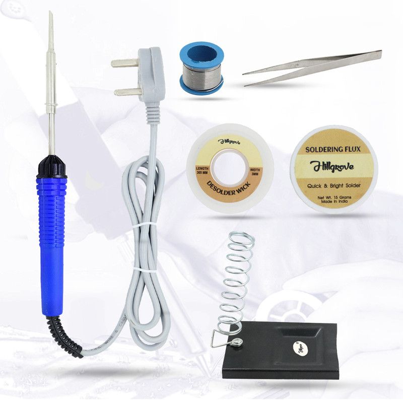 Hillgrove 6in1 25W Soldering Iron Kit | 5 Meter Soldering Wire | Soldering Flux | Stand | Wick | Tweezer 25 W Simple  (Flat Tip)