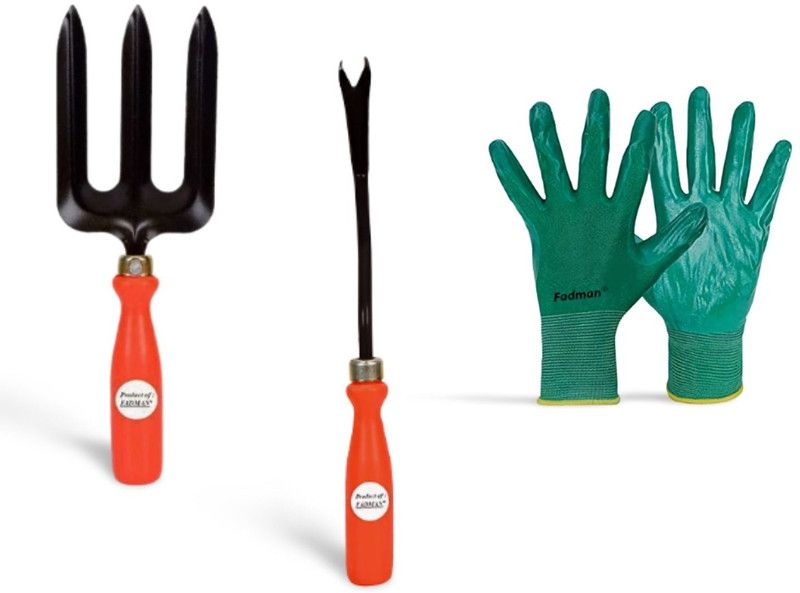 FADMAN HAND TOOL FOR HOME QUALITY GARDENING | GARDEN FORK | WEEDER | GLOVES | Garden Tool Kit  (3 Tools)