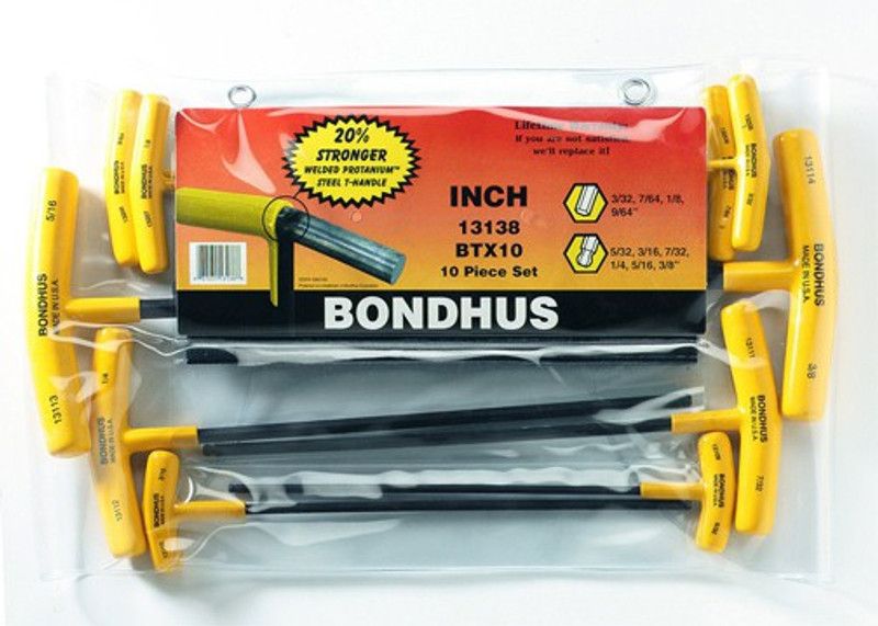 BONDHUS 13138 Set 10 Ball End & Hex Graduated Length T-Handles 3/32-3/8 Allen Key Set
