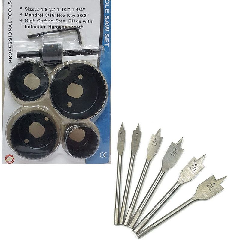 Kshivi SHB:01 Combo Of 6 Pcs Holesaw Set Hole Saw Drill Bit Kit 32mm/38mm/44mm/54mm And 6 Pcs Flat Drill Bits Best for Cutting Round Wood, Plastic Working