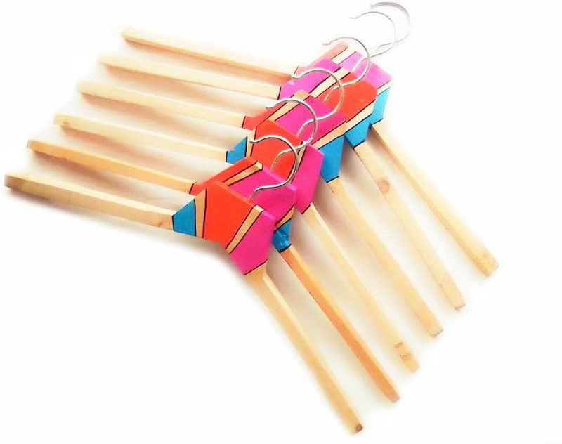 Amrutkala Wooden Hangers Handpainted Solid and Rotating Metal Hook Pine Wood Hangers Wooden Saree Pack of 6 Hangers For Saree