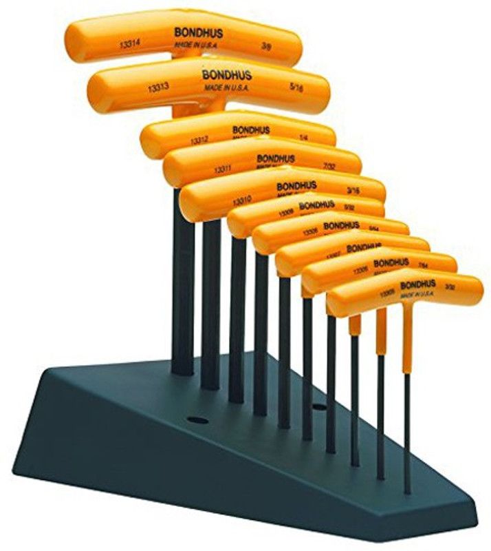 BONDHUS 13390 Set 10 Graduated Length Hex T-Handles 3/32-3/8" with Stand Allen Key Set
