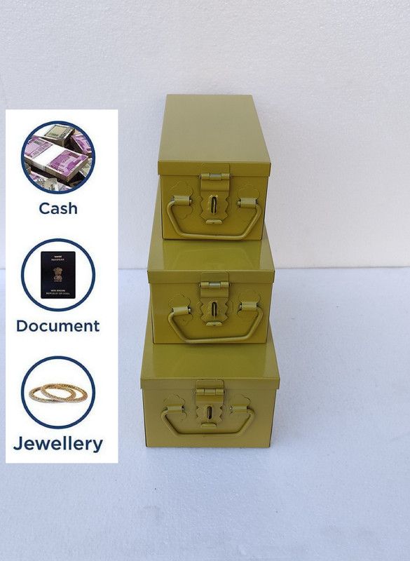 GINOSET Steel Jewelry,Cash,Safe Locker Box Pack of 3(8,10,12”) Powder-coated Gold Finish Cash Box  (1 Compartments)