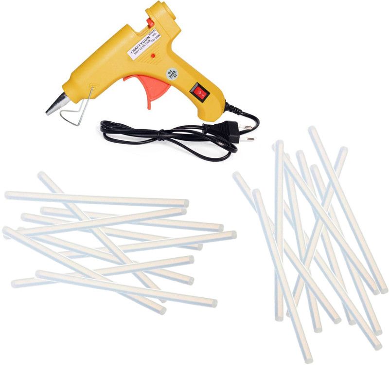 CRAFTYGUN 20 WATT FD-20W YELLOW GLUE GUN (ON OFF SWITCH&INDICATOR) 20 ADHESIVE HOT GLUE STICKS Standard Temperature Corded Glue Gun  (7 mm)