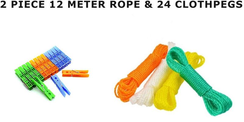 Kaizen Enterprises 24-Pcs Cloth Hanging Clips & 2-Pcs Heavy Duty Wet Cloth Hanging Laundry Rope 12-Meter Polyester Cloth Clips  (Multicolor Pack of 24)