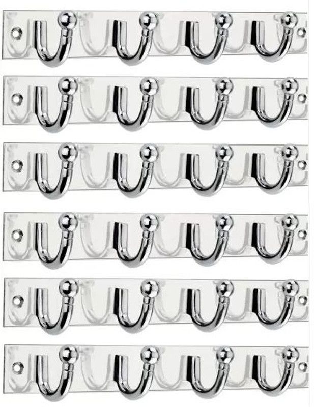BRIGHT HOME Stainless Steel PRINCY 4 Pins Cloth Hanger Bathroom Wall Door Hooks For Hanging keys,Clothes,Holder,towel Steel Hooks Hook Rail 4  (Pack of 2)