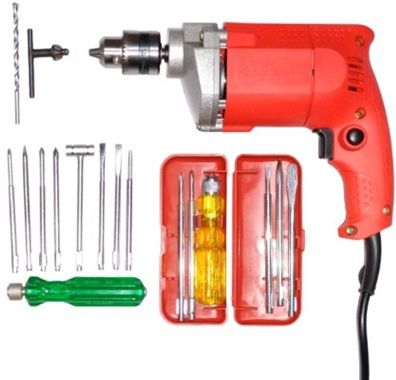 Flymoon 10mm Electric Drill Machine with 8pcs & 6Pcs Screwdriver & Masonry bit Combo Pistol Grip Drill  (10 mm Chuck Size)