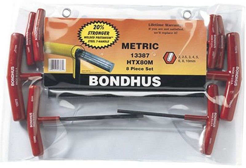 BONDHUS 13387 Set 8 Graduated Length Hex T-Handles 2-10mm Allen Key Set