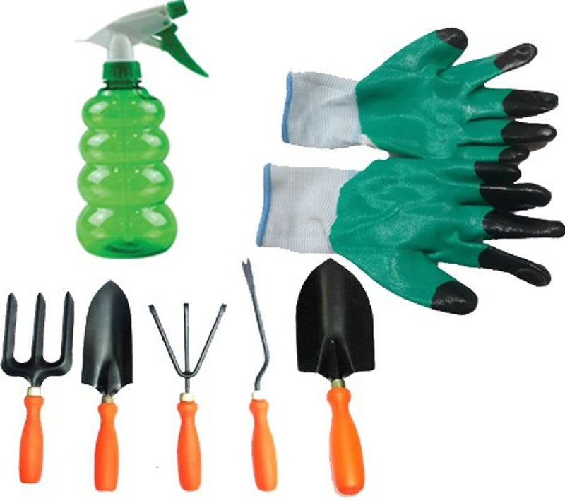 Laddu Gopal 500 ml Multipurpose Home,Salon & Garden Water Spray Bottle for Cleaning 500 ml Spray Bottle , 5 Tool Set (Cultivator , Fork , Weeder , Shovel , Trowel ) and Gloves( 7 combo) Garden Tool Kit  (7 Tools)
