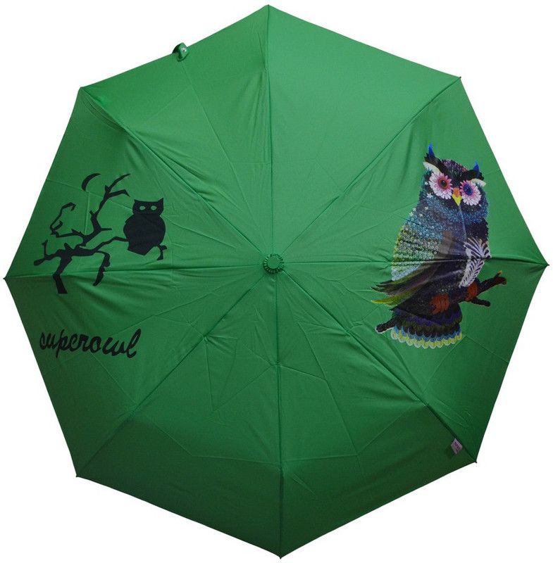Murano 3 fold auto open green color owl print Umbrella  (Green)