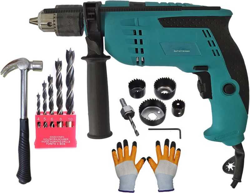 DUMDAAR 6 Month Warranty 13mm Reversible Impact drill machine900w with Red GLOVES ,5pc Wood, 6pc Hole saw & Claw hammer set Pistol Grip Drill  (13 mm Chuck Size)