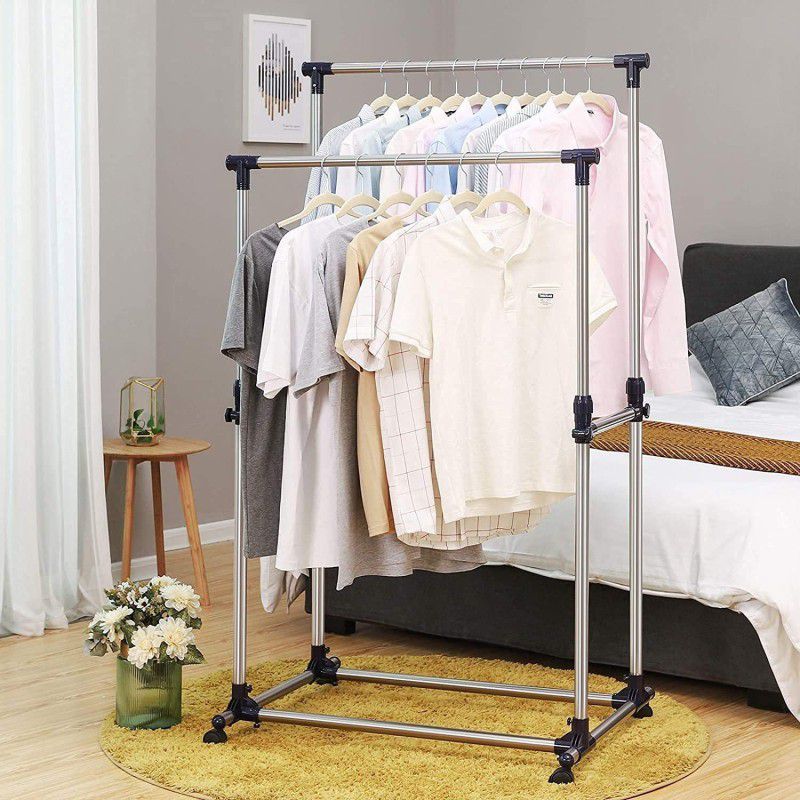 ZEKARO Steel Floor Cloth Dryer Stand Double Pole Cloth Rack Foldable Garment Hanging Laundry Drying Stand with Wheels  (2 Tier)