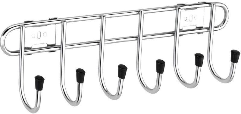 KEEPWELL 6 Pin Hook Stainless Steel Bathroom Cloth Hooks / Hanger / Key Holder / Door Wall Robe Hooks Rail for Hanging Keys, Clothes, Towel Hook Rail 6  (Pack of 1)