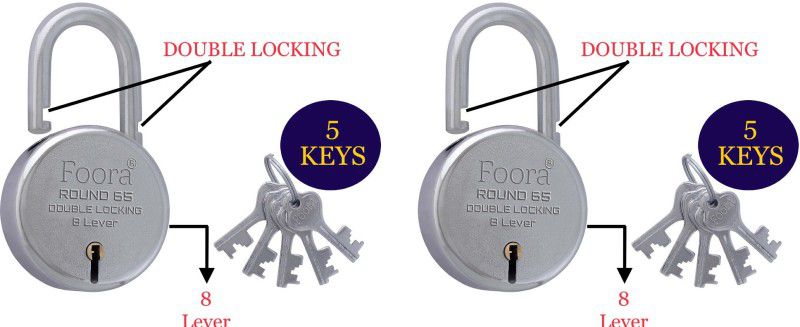 Foora Pack of 2 Round 65 with 5 Keys Each , Double Locking Multipurpose Use Padlock  (Silver)