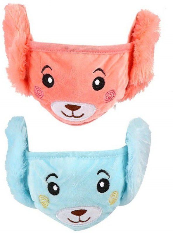 QUEERY Winter Face Mask with Ear Muffs for Kids Washable Anti Dust Protective Mask Cotton Cartoon Face Cover Warm Mask for Boys and Girls Children Multicolor Dust-Proof Mask Cloth Mask Ear Muff  (Pack of 2)
