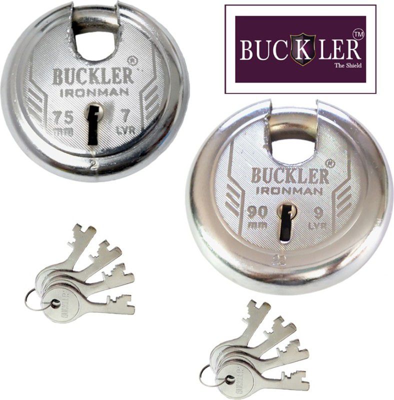 BUCKLER Iron-Steel 90MM+75MM,with 4 Keys,Go-Down,Main Gate,MainDoor,Shutter Lock-Pack of 2 Lock  (Silver)