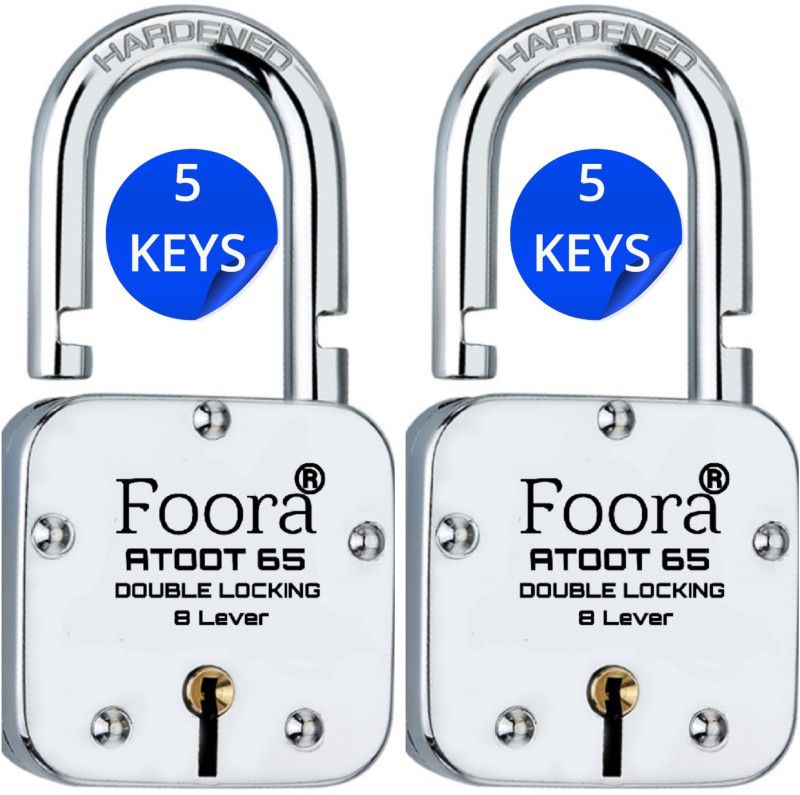 Foora ATOOT 65 (PK-2) with 5 KEYS EACH, 8 LEVER ,HARDENED SHACKLE, DOUBLE LOCKING Lock  (Silver)