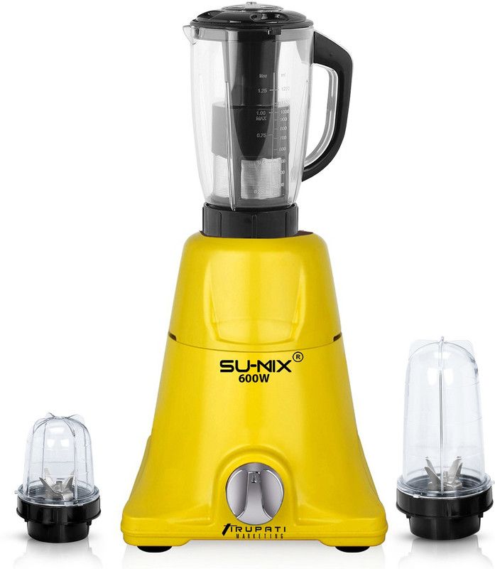 Su-mix 600-watts Mixer Grinder with 3 Jars (1 Juicer Jar and 2 Bullet Jars) TPMG94 Mixer Grinder with 1 Juicer and 2 Bullets Jars Set 600 Mixer Grinder (3 Jars, Yellow)