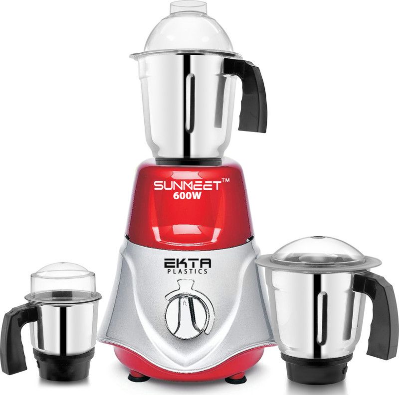 Sunmeet 600-watts Rocket Mixer Grinder with 3 Stainless Steel (Chutney Jar, Liquid Jar and Dry Jar) 600 Mixer Grinder (3 Jars, REDSILVER)