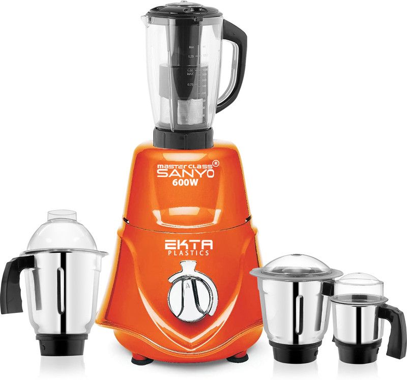Masterclass Sanyo 600-watts Rocket Mixer Grinder with 3 Stainless Steel and Juicer Jars (Chutney Jar, Liquid Jar, Dry Jar and Juicer Jar) 600 Mixer Grinder (4 Jars, Orange)