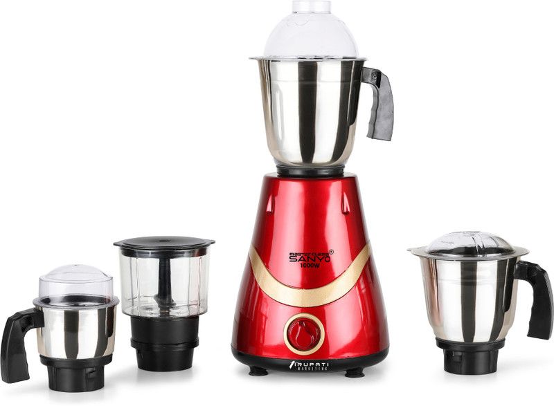 Masterclass Sanyo NECKLACE 1000W Mixer Grinder with 3 Stainless Steel Jars and Chopper Jar (1 Wet Jar, 1 Dry Jar and 1 Chutney Jar), RED-GOLD MCS 1000W NECKLACE RED GOLD 3SC 1000 Mixer Grinder (4 Jars, RED-GOLD)