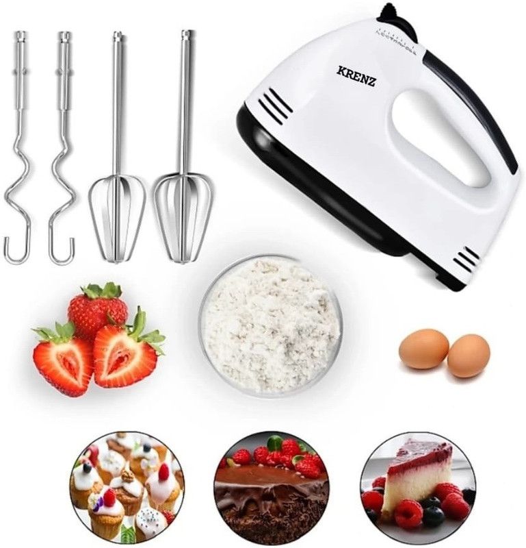 krenz 7-Speed Electric Hand Mixer / egg beater for Ice-cream, Cake Cream, Lassi, Butter Milk Maker with Stainless Steel Attachments 260 W Hand Blender  (White)