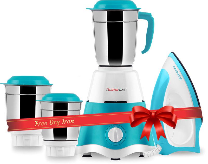 Longway Super Dlx 700 W Mixer Grinder (Blue, White, 3 Jars) & Kwid 750 W Dry Iron (White, Blue)