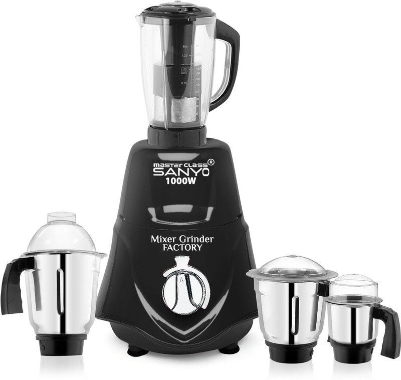 Masterclass Sanyo 1000-watts Rocket Mixer Grinder with 3 Stainless Steel and Juicer Jars (Chutney Jar, Liquid Jar, Dry Jar and Juicer Jar) MGFF39 1000 Mixer Grinder (4 Jars, Black)