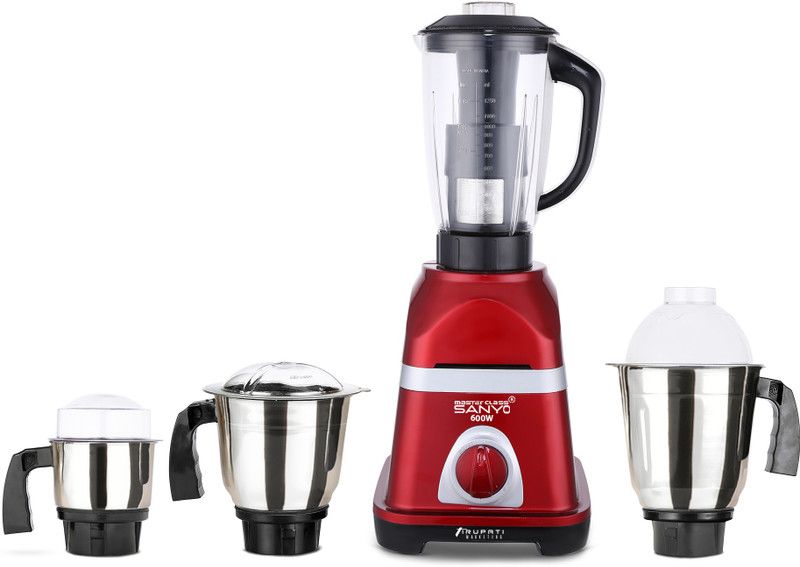 Masterclass Sanyo Triaa 600W Mixer Grinder with 3 Stainless Steel Jars and 1 Juicer Jar (1 Wet Jar, 1 Dry Jar and 1 Chutney Jar), Red MCS 600W TRIAA Red 3SJ 600 Mixer Grinder (4 Jars, Red)