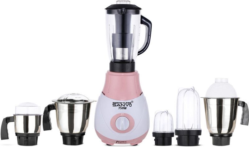 Masterclass Sanyo RIAA 750W Mixer Grinder with 3 Stainless Steel Jars, Juicer Jars and 2 Bullet Jars, PINK-WHITE MCS 750W RIAA PINK WHITE 3SJ2B 750 Mixer Grinder (6 Jars, PINK-WHITE)
