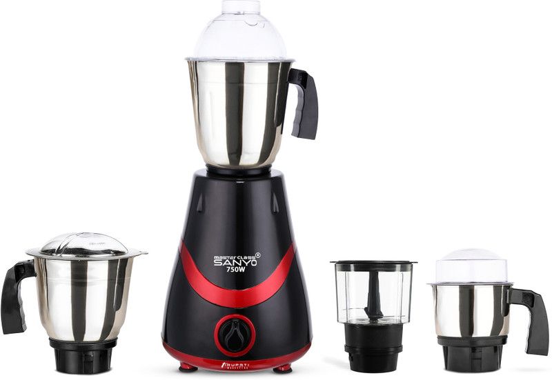 Masterclass Sanyo NECKLACE 750W Mixer Grinder with 3 Stainless Steel Jars and Chopper Jar (1 Wet Jar, 1 Dry Jar and 1 Chutney Jar), BLACK-RED MCS 750W NECKLACE BLACK RED 3SC 750 Mixer Grinder (4 Jars, BLACK-RED)
