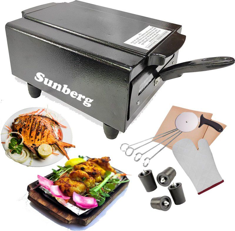 SUNBERG Super Quality 2000W Steel Element E-2528 Big Electric Tandoor With Hand Gloves,Pizza Cutter,Recipe Book,Skewers,Shocked Proof Rubber Legs (Black) 2 Year Warrenty For Heating Element Electric Tandoor Electric Tandoor