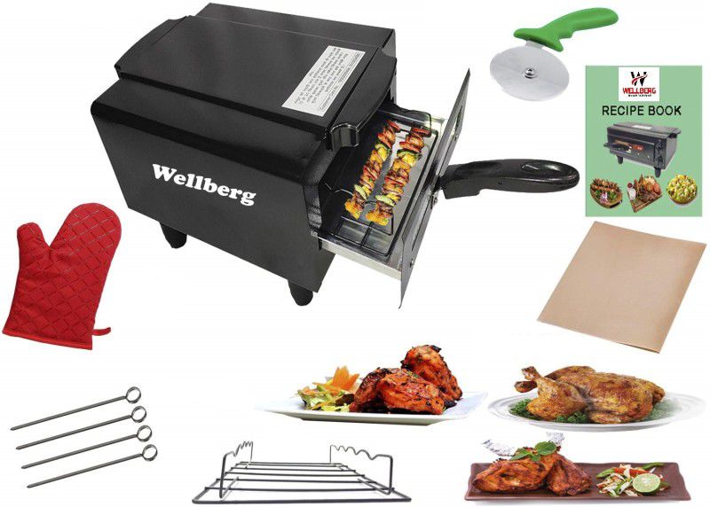 WELLBERG 1500W Small Electric tandoor Pizza Maker Fish Chicken Tikka Naan Tandoori Roti Cake Baker French Fries Meat Barbecue Chaap Oil-free Fryer (Black)Combo Electric Tandoor